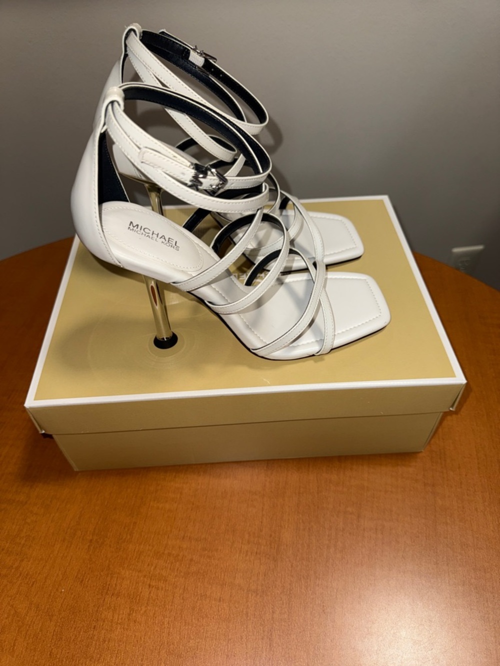 Michael Kors White Imani Strappy Square-Toe Heeled Sandals Patent Leather - Picture 3 of 5